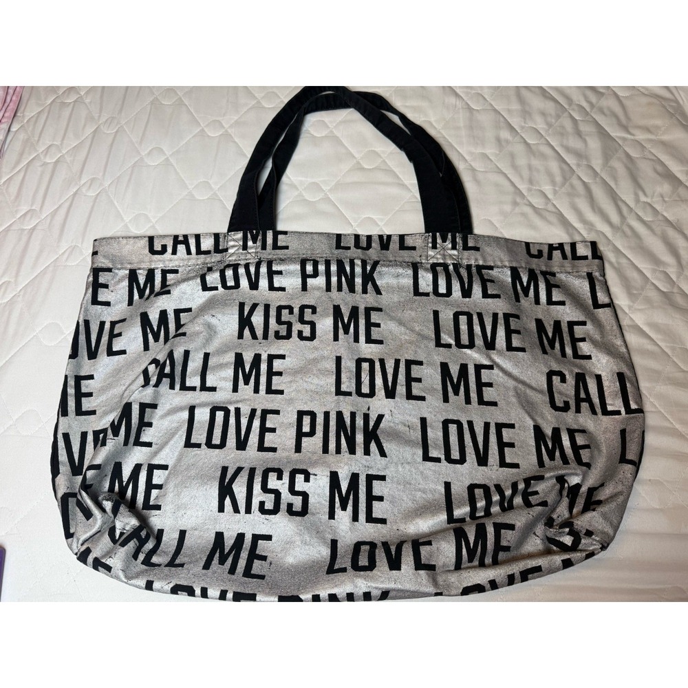 Victoria's Secret PINK Tote Bag Silver "Love Me Kiss Me Call Me" 18x25"